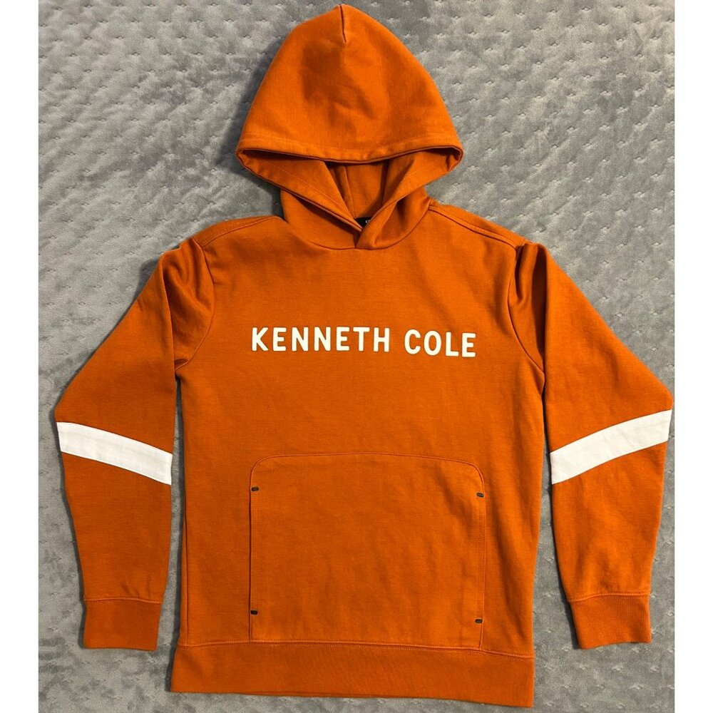 Kenneth Cole Rust Orange Hoodie Sweatshirt w/ White Stripes & Front Pocket Small - Picture 3 of 7